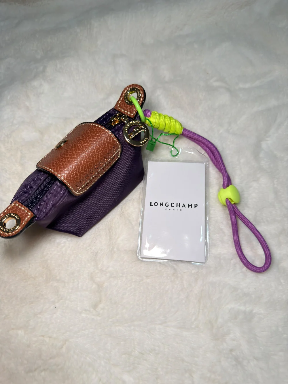 Mini Bag Charms Purple Nylon Card Pouch with Brown Leather Trim and Neon Cord